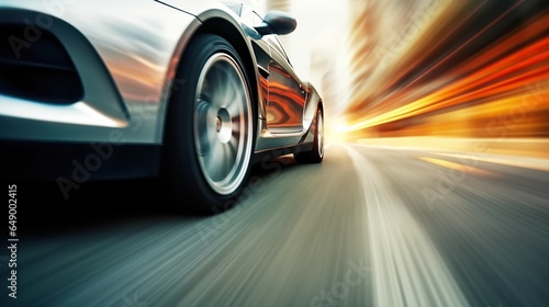 Close-up of wheel of fast sports car on sunny highway: high-performance auto in motion blur © iridescentstreet