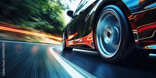 Close-up of wheel of fast sports car on sunny highway: high-performance auto in motion blur