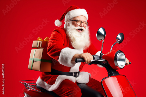 Santa Claus speeding on a red scooter with gifts on a red background with space for inscriptions or text. Christmas shopping theme.generative ai
