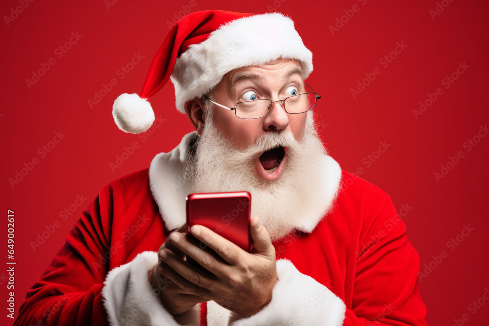 Santa Claus with a surprised or surprised expression wearing Christmas red clothes holding a phone in his hand isolated on red background with space for text or inscription.generative ai
Santa Claus with a surprised or surprised expression wearing Christmas red clothes holding a phone in his hand isolated on red background with space for text or inscription.generative ai