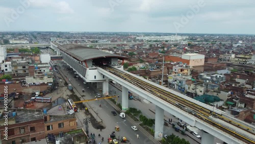 Aerial view of a train moving on overfly track in Lahore Pakistan