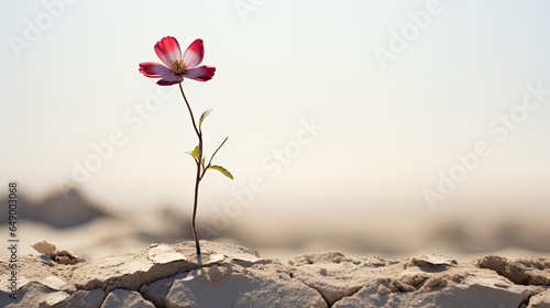 Image of flower emerging from a narrow crevice in the arid soil.