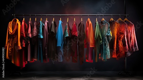 Image of fashionable clothes on hangers.