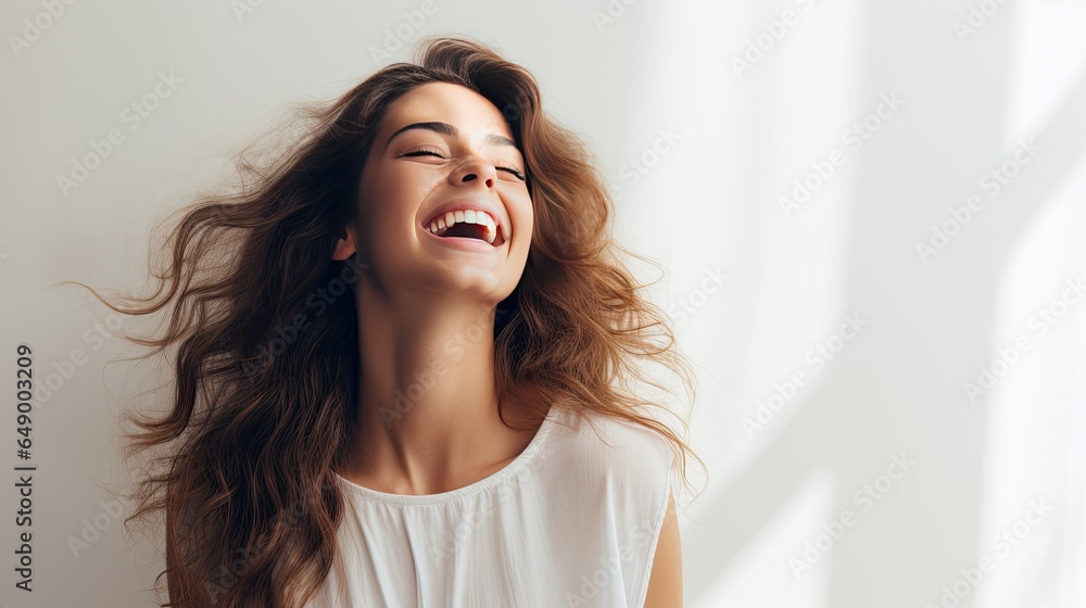 Image of a happy woman standing on a white background. - obrazy, fototapety, plakaty 