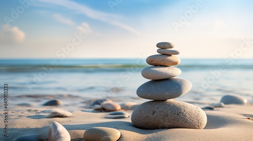 Image of a beach, a stack of smooth stones.