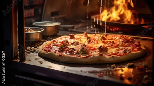 Close-up view of pizza baking in the oven.