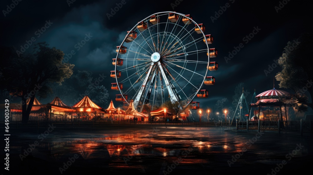An amusement park image with a majestic Ferris wheel moving.