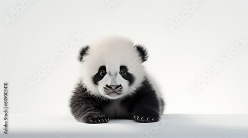 Image of a playful panda cub sitting on a white background.