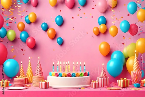 Birthday balloons and happy birthday cake with colorful candles