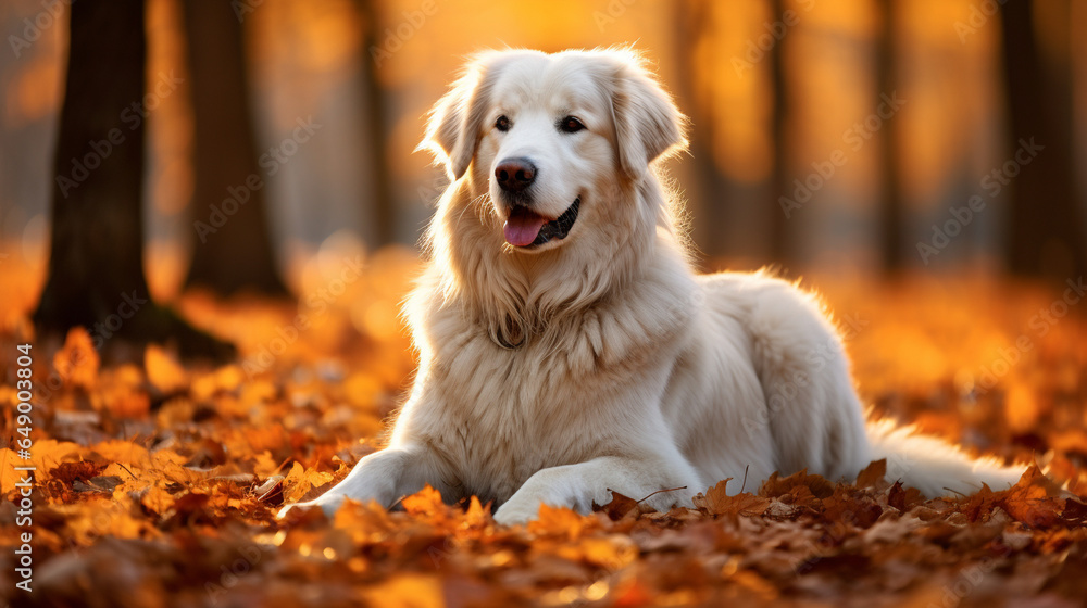 A contemplative white retriever sitting amidst fallen autumn leaves, its fur blending harmoniously with the seasonal colors