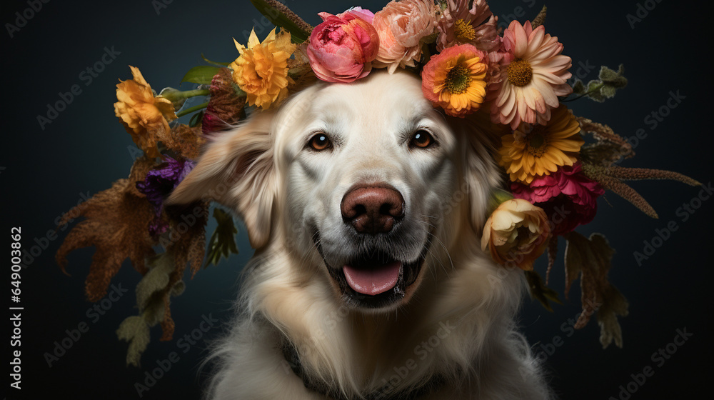 A white retriever posing regally with a colorful floral wreath around its neck, radiating charm and elegance