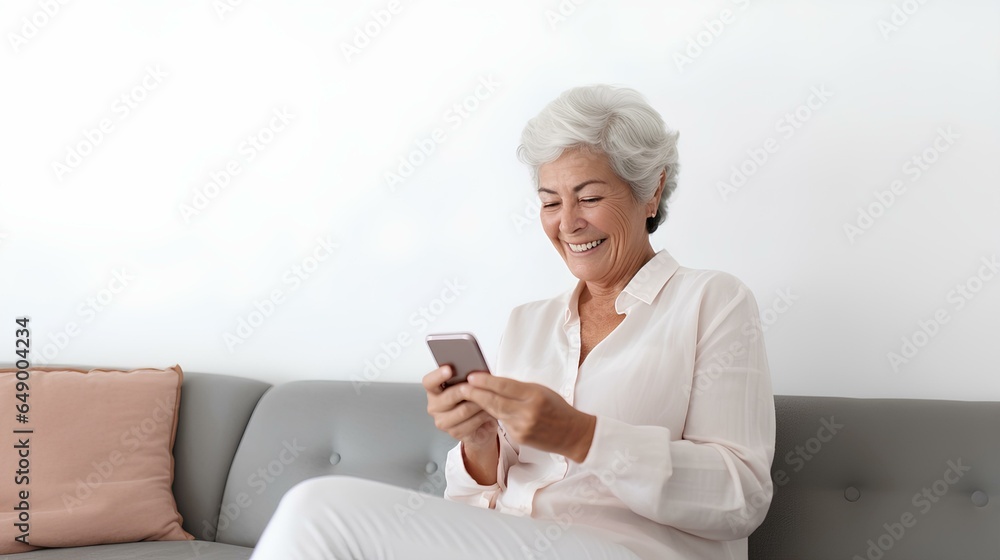 A smiling woman in years is sitting on the couch with a phone in her hands. A smiling woman in years is sitting on the couch with a phone in her hands.