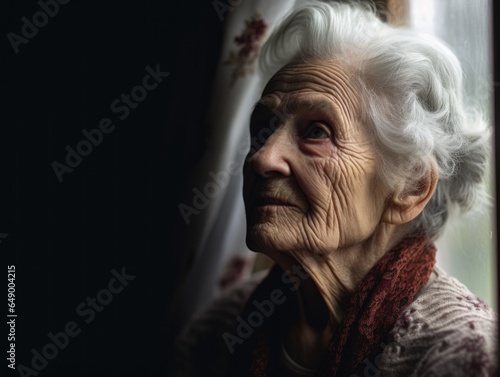 An old woman looking out of a window