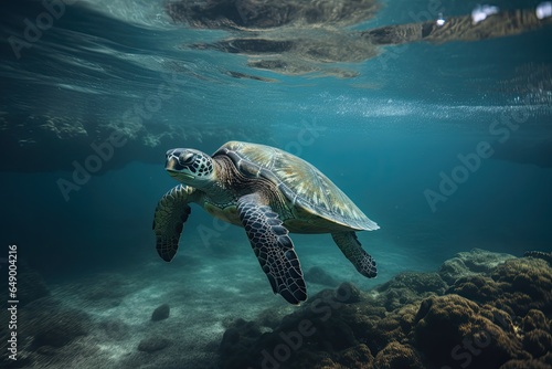 A wild sea turtle swims on a coral reef.