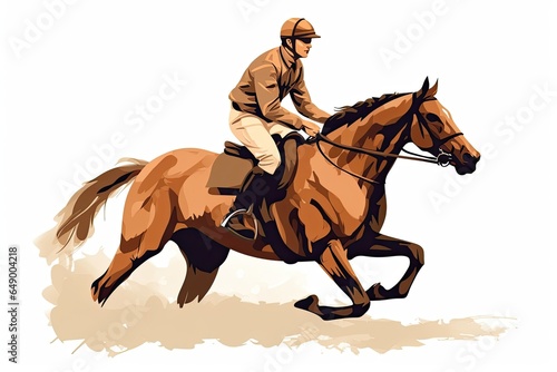 The rider and the horse are galloping on a white background.