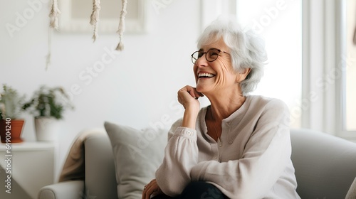 A smiling woman in years is sitting on the sofa.