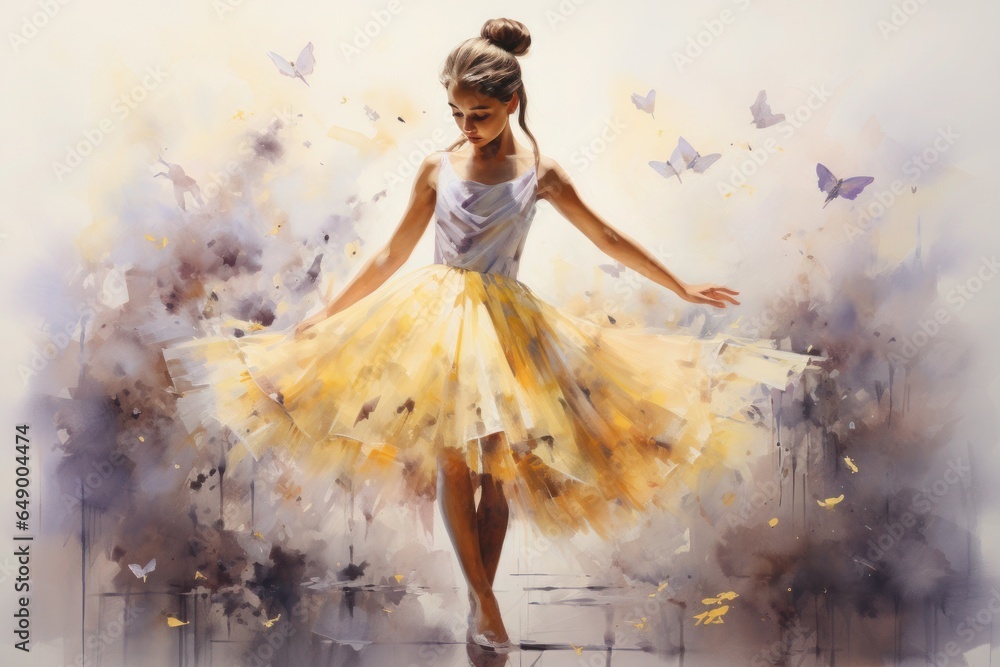 graceful girl in a ballet dress drawn in watercolor
