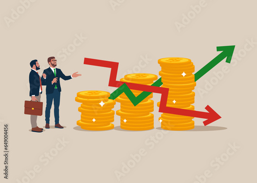 Business people standing near coin piles. Fluctuation in stock market and bitcoin cryptocurrency. Vector illustration