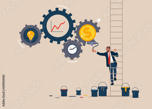 Businessman climb up ladder to paint a gear cogs to spin time and money gears. Vector illustration. 