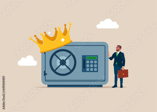 Businessman investor standing with near safe with a gold crown. Flat vector illustration