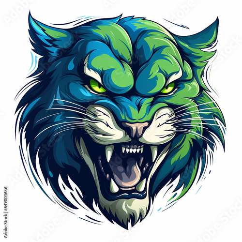 a wildcat head in blue and green colors isolated on a white background photo