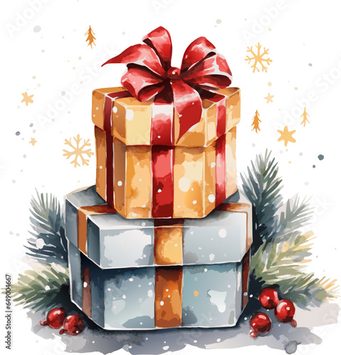 Watercolor Christmas, New Year, and Valentine's Day gift boxes, festive holiday presents in hand-painted style, perfect for seasonal cards, decorations, and design projects. AI generated illustration.