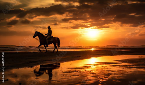 Horse and person walking on the beach at sunset and reflections in the water. AI generated