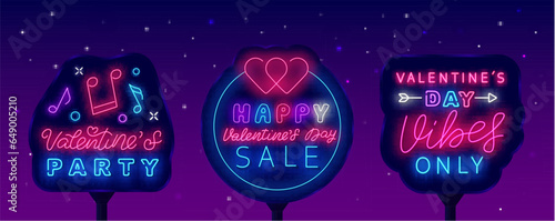 Happy Valentines Day neon street billboards collection. Circle border. Present, music and hearts. Vector illustration