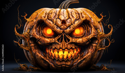 Scary halloween pumpkin illuminated. Time of joy and fear. AI generated