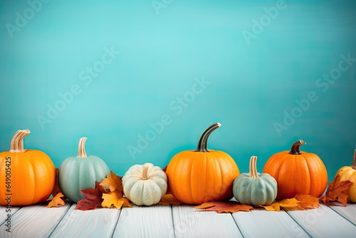 Autumn colorful pumkins on light blue wooden background.