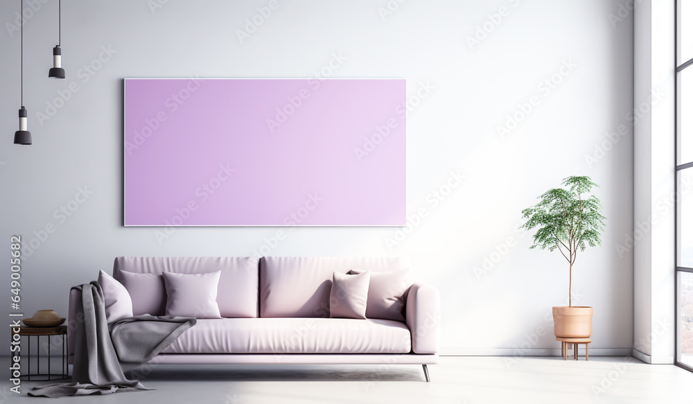 Modern and minimalist living room with sofa in purple and white. Free space for text. AI generated