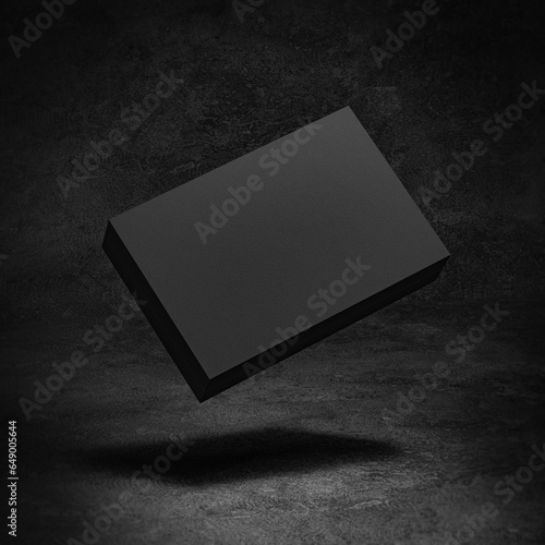Flying black box in dark background. Luxury package gift template for logo branding
