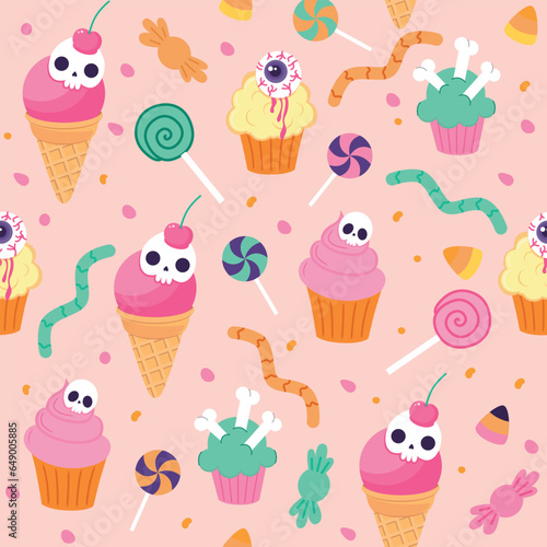 Pattern with sweets for Halloween on a pink background