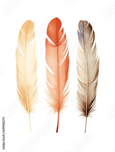 Watercolor feather image in a retro, classic, and boho style isolated on white background