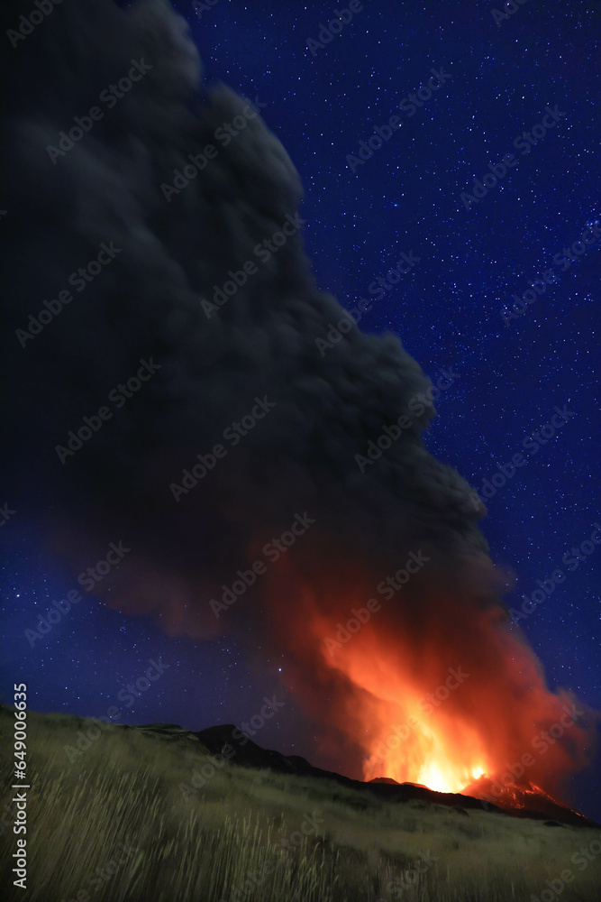 Etna - suggestiva eruzione di notte con grandi emissioni di cenere nel cielo notturno dal cratere della cima del vulcano del 13 Agosto 2023