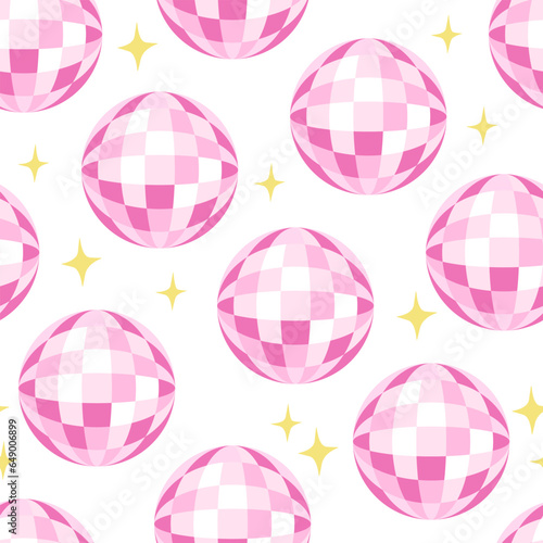 Seamless vector pattern with disco balls and stars. Party, celebration, disco concept
