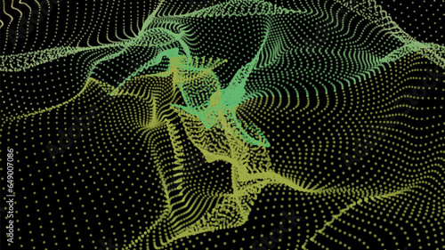 Energy net flows. Dot particle lines penetrating fog. Neon lights plexus of knots. Curved node row space infinity. Linking funnel universe parameters. Background information technology presentation.