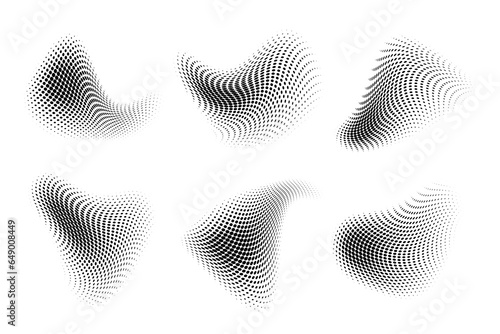Set of abstract curved liquid shapes with halftone dotted texture on white background. Graphic elements with fluid waves effect and spray gradient