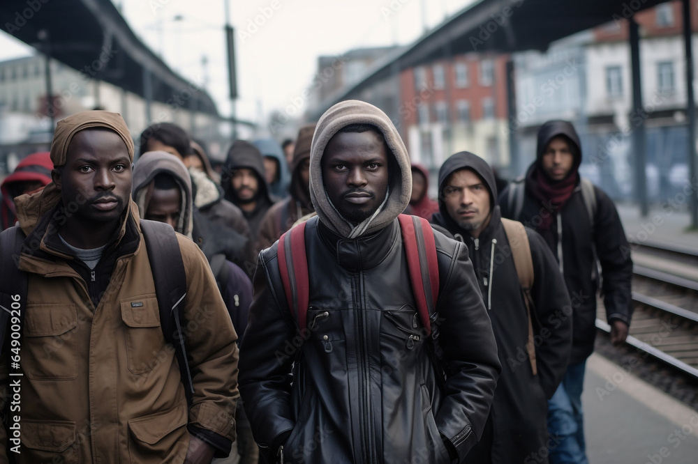 Portrait of young African immigrant with hood and jacket, looking sad and hopeless. Portrait of young African immigrant with hood and jacket, looking sad and hopeless.