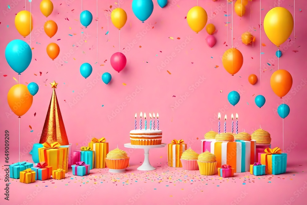 Obraz premium Birthday balloons and happy birthday cake with colorful candles