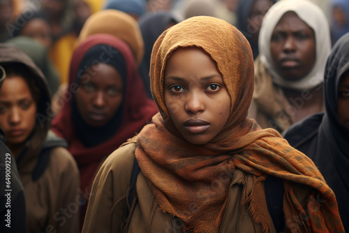Young African immigrant woman wearing headscarf, looking sad and hopeless