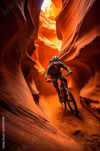 a man riding a mountain bike bicycle through a canyon