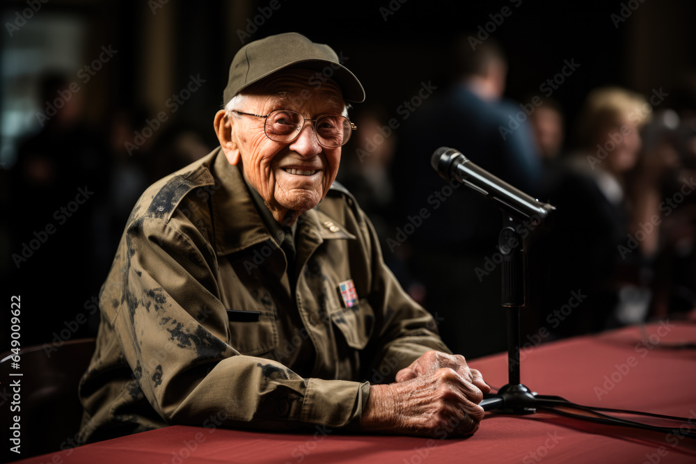 Elderly WWII veterans animatedly narrating war stories on Veterans Day  - obrazy, fototapety, plakaty 