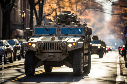 Dramatic snapshots of veterans marching resolutely in Veterans Day parade with military vehicles  © fotogurmespb