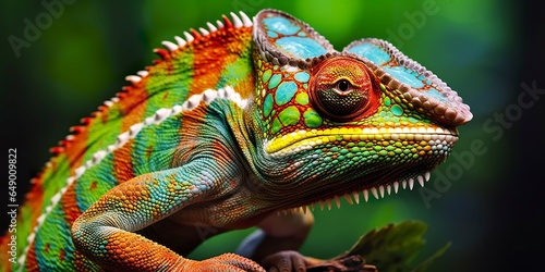 A colorful close up chameleon with a high crest on its head.  © AbGoni
