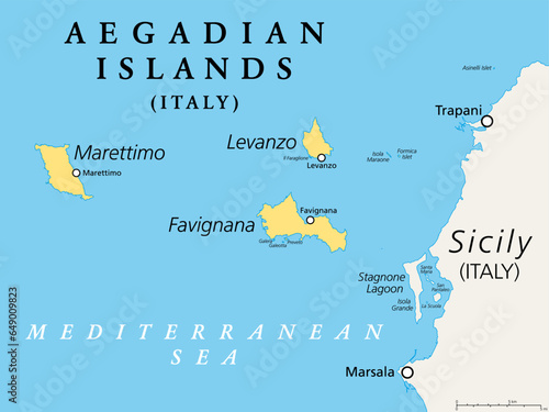 Aegadian Islands, Favignana, Levanzo, Marettimo, political map. Group of five small mountainous islands in the Mediterranean Sea off the coast of Sicily, Italy, near the cities of Trapani and Marsala.