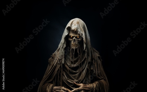 Image of a creepy old man on a black background. Halloween costume example