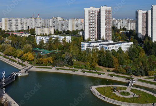 City landscape with Mikhailovsky pond in Zelenograd in Moscow, Russia
