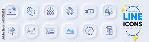 Loyalty points, Currency exchange and Line graph line icons for web app. Pack of Card, Money transfer, Financial app pictogram icons. Online tax, Cash back, Meeting signs. Neumorphic buttons. Vector