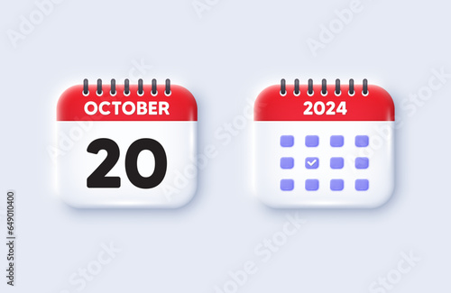 Calendar date 3d icon. 20th day of the month icon. Event schedule date. Meeting appointment time. 20th day of October month. Calendar event reminder date. Vector